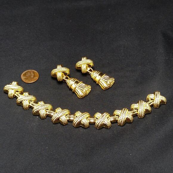 Vintage Ivana Tassel Earrings & Bracelet Set, Gold Plated, 1990s Vintage Jewelry - Picture 3 of 10